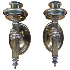 Mid-Century Neo-Classical Style Brass Hand Holding Torch Sconces, Pair