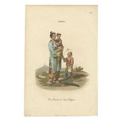 Impression ancienne d'une fille et de deux enfants chinoises, vers 1820