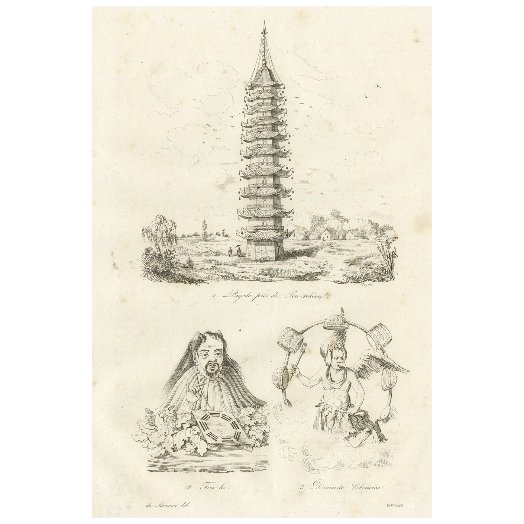 Antique Print of a Chinese Pagoda and Chinese Deities, 1834 For Sale
