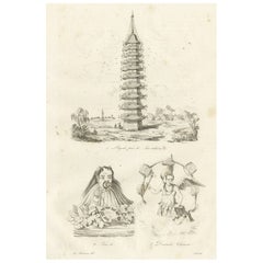 Antiker antiker Druck einer chinesischen Pagode und einer chinesischen Gottheit, 1834
