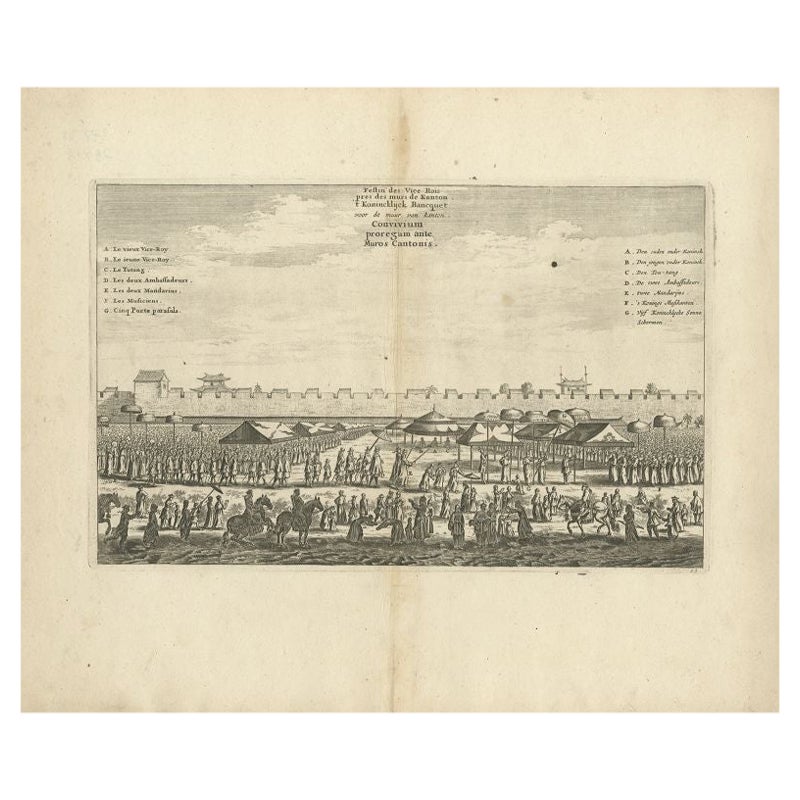 Impression ancienne d'un banquet royal chinois à Canton, 1668 en vente
