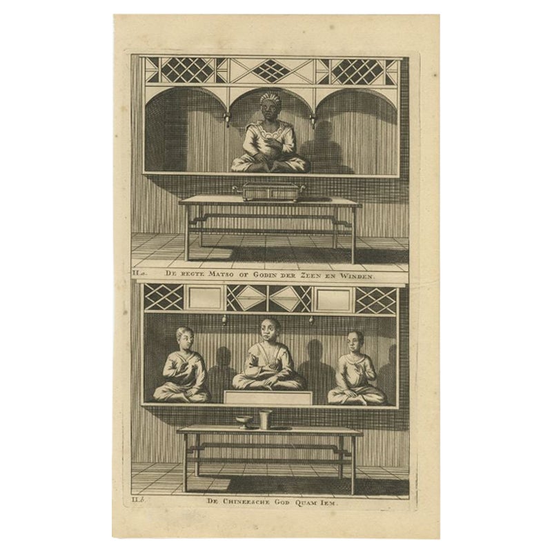 Antique Print of a Chinese Temple and Chinese deity Calamija by Valentijn, 1726 For Sale