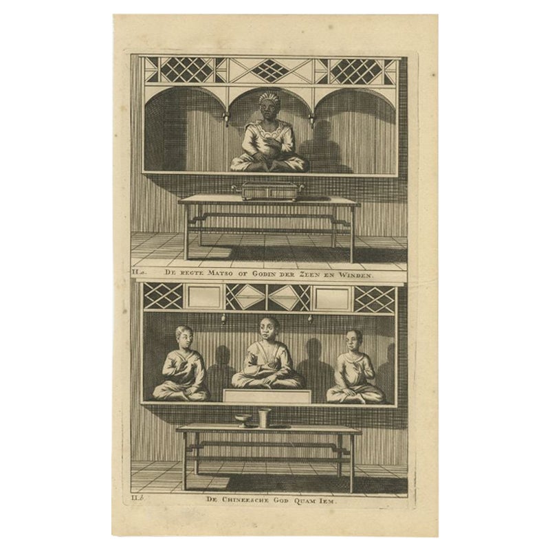 Grabado antiguo de un templo chino y la deidad china Calamija por Valentijn, 1726 en venta