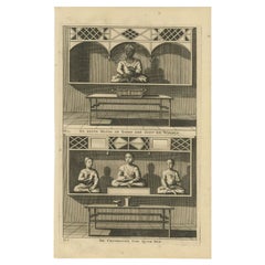 Antiker Druck eines chinesischen Tempels und einer chinesischen Gottheit Calamija von Valentijn, 1726