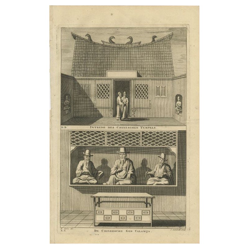 Antique Print of a Chinese Temple and Chinese deity Calamija by Valentijn, 1726 For Sale