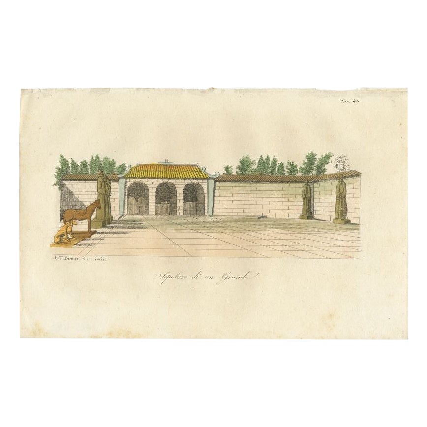 Antique Hand-Colored Print of a Chinese Tomb by Ferrario, 1823 For Sale