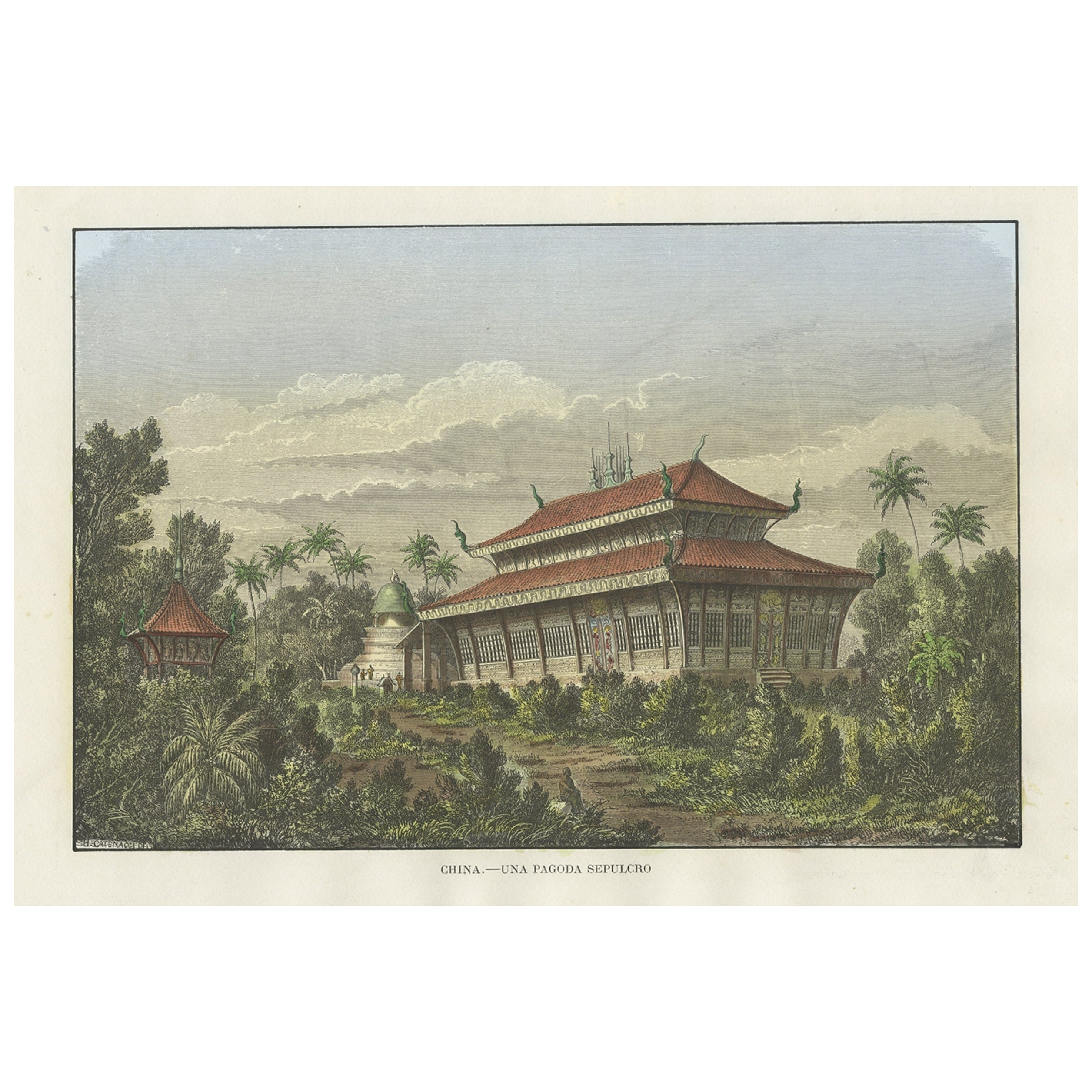 Antiker Druck einer chinesischen Tomb- Pagode in China, um 1875 im Angebot