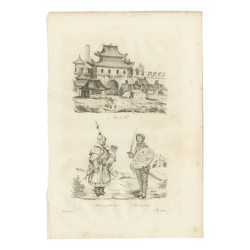 Antique Print of a Chinese Village and Chinese Soldiers by Dumont D'urville