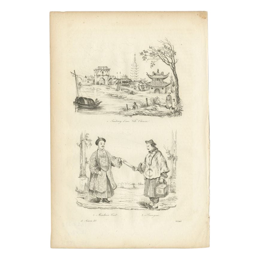 Antique Print of a Chinese Village and Mandarin Civil Servant by Dumont