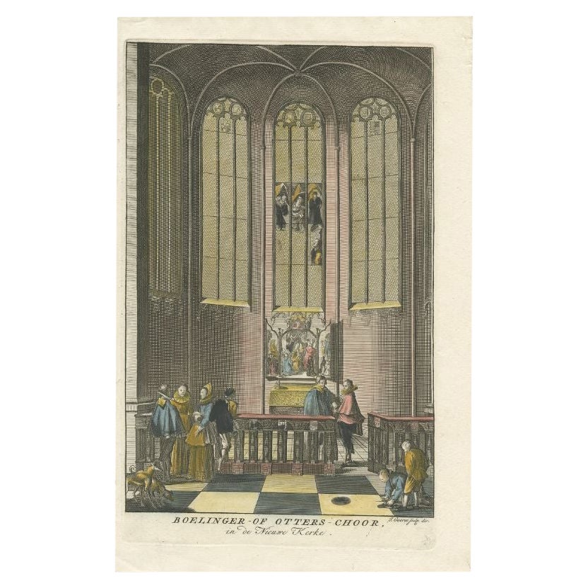 Grabado antiguo del interior de una iglesia en Amsterdam, Países Bajos, 1765