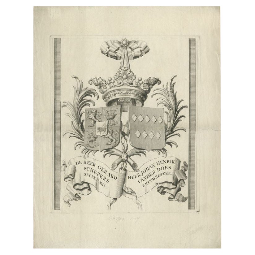 Large Antique Print of a Coat of Arms of Two Dutch Families, c.1750 For Sale