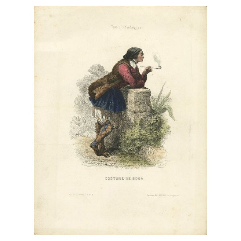 Antique Print of a Smoking Gentlemen in Costume from Bosa, Italy, 1850 For Sale