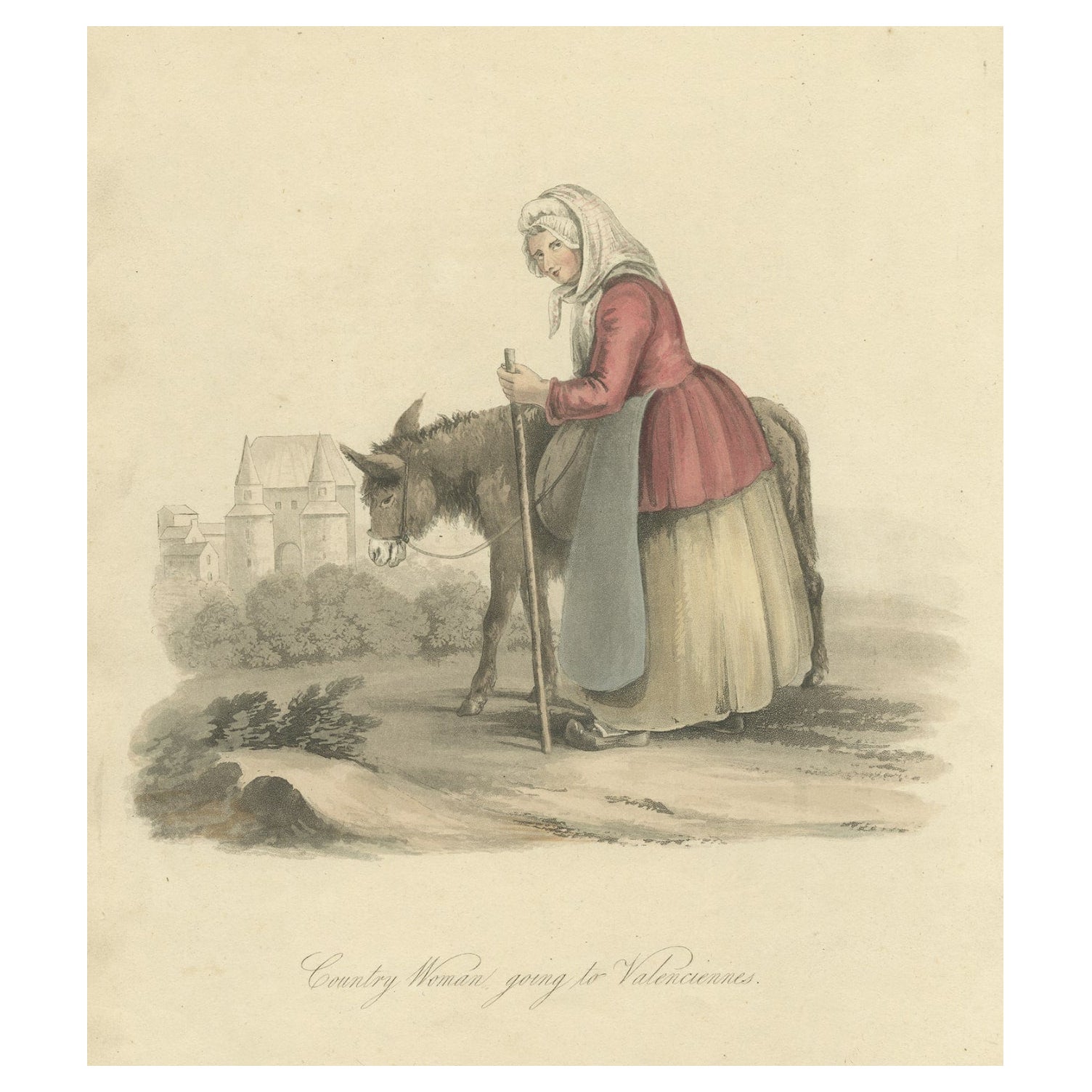 Impression ancienne d'une femme de campagne se rendant à Valenciennes en France, 1817