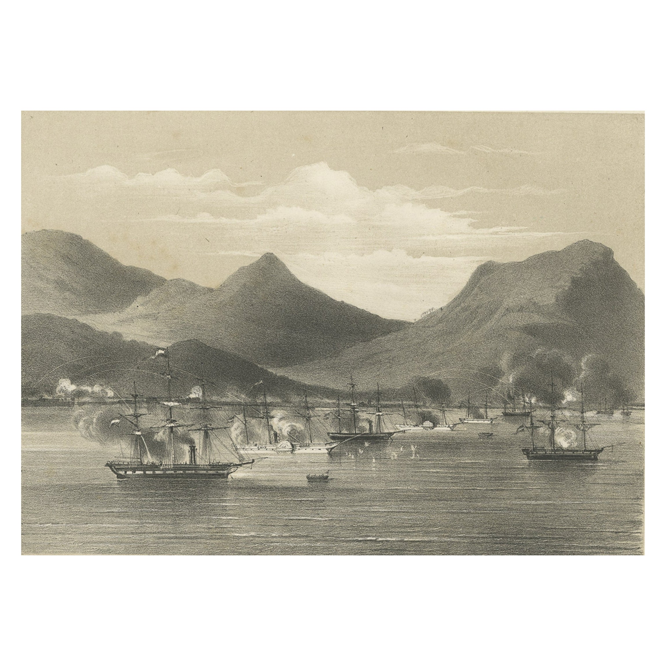 Ancienne scène militaire de navires néerlandais bombardant des atchins à Sumatra, Indonésie, 1784