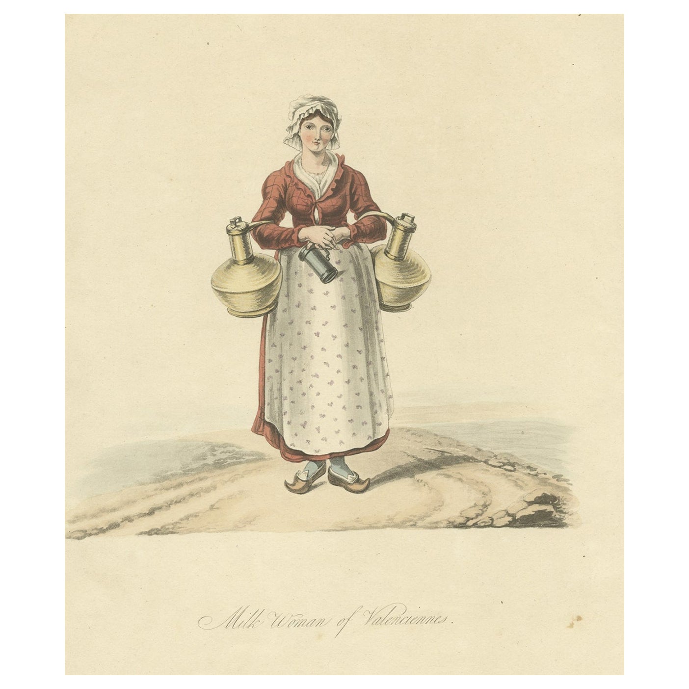 Antique Print of a Milk Woman of Valenciennes in France, 1817 For Sale