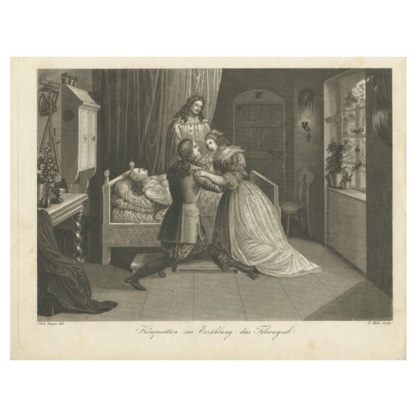 Antiker Druck einer Todesbettszene, um 1850