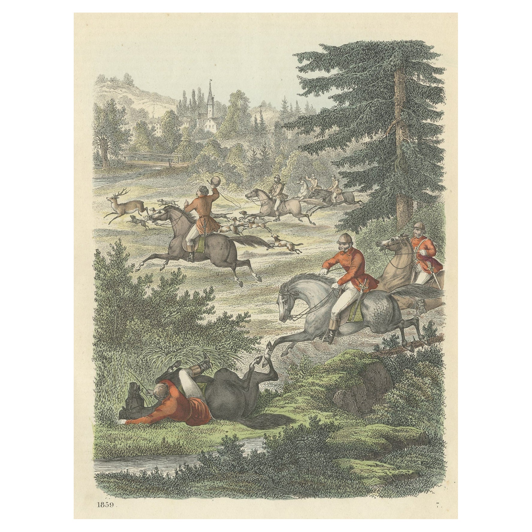 Antique Print of a Deer Hunt on Horse, 1859