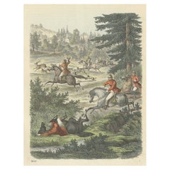 Antique Print of a Deer Hunt on Horse, 1859