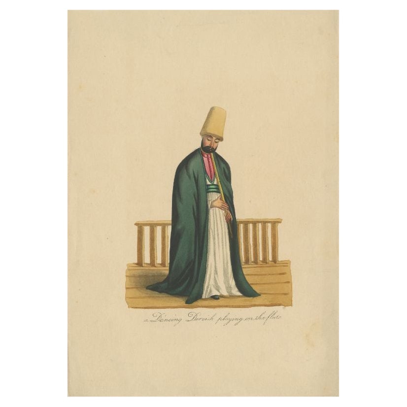 Antique Print of a Dervish Man Playing the Flute, circa 1860 For Sale