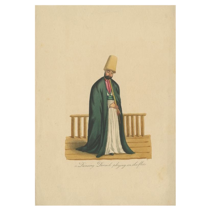 Antiker Druck eines Dervish- Mannes, der die Flöte spielt, um 1860 im Angebot