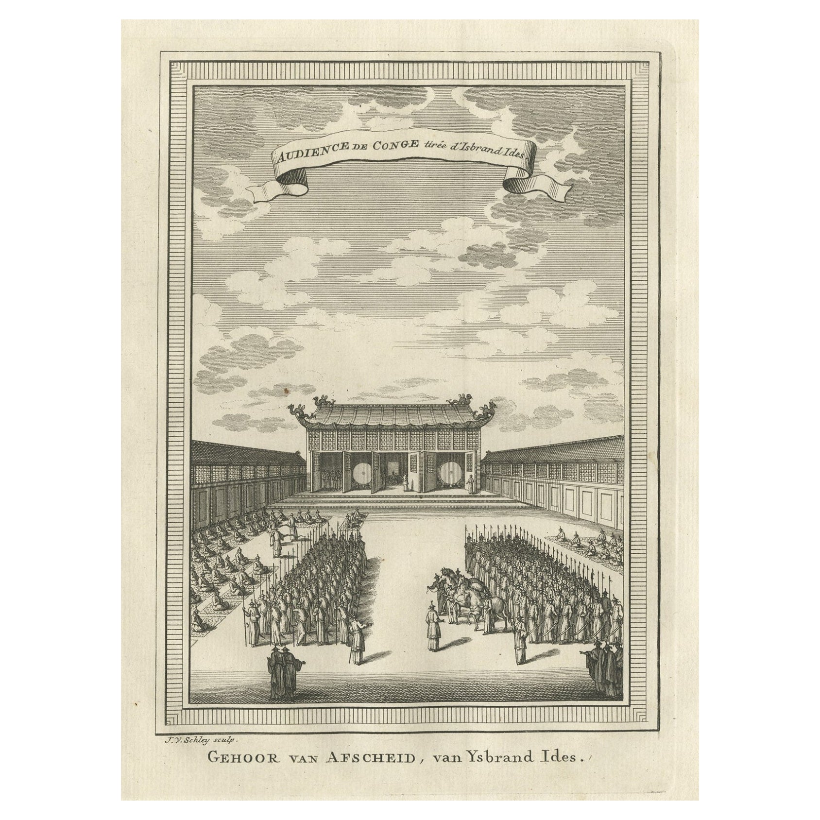 Antique Print of a Guard of Honour for the Farewell of Isbrand Ides, China, 1749 For Sale