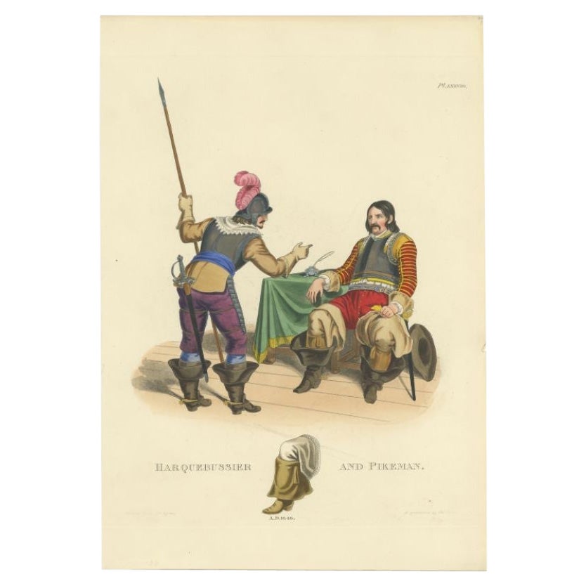 Antique Print of a Harquebusier and Pikeman, 1842 For Sale