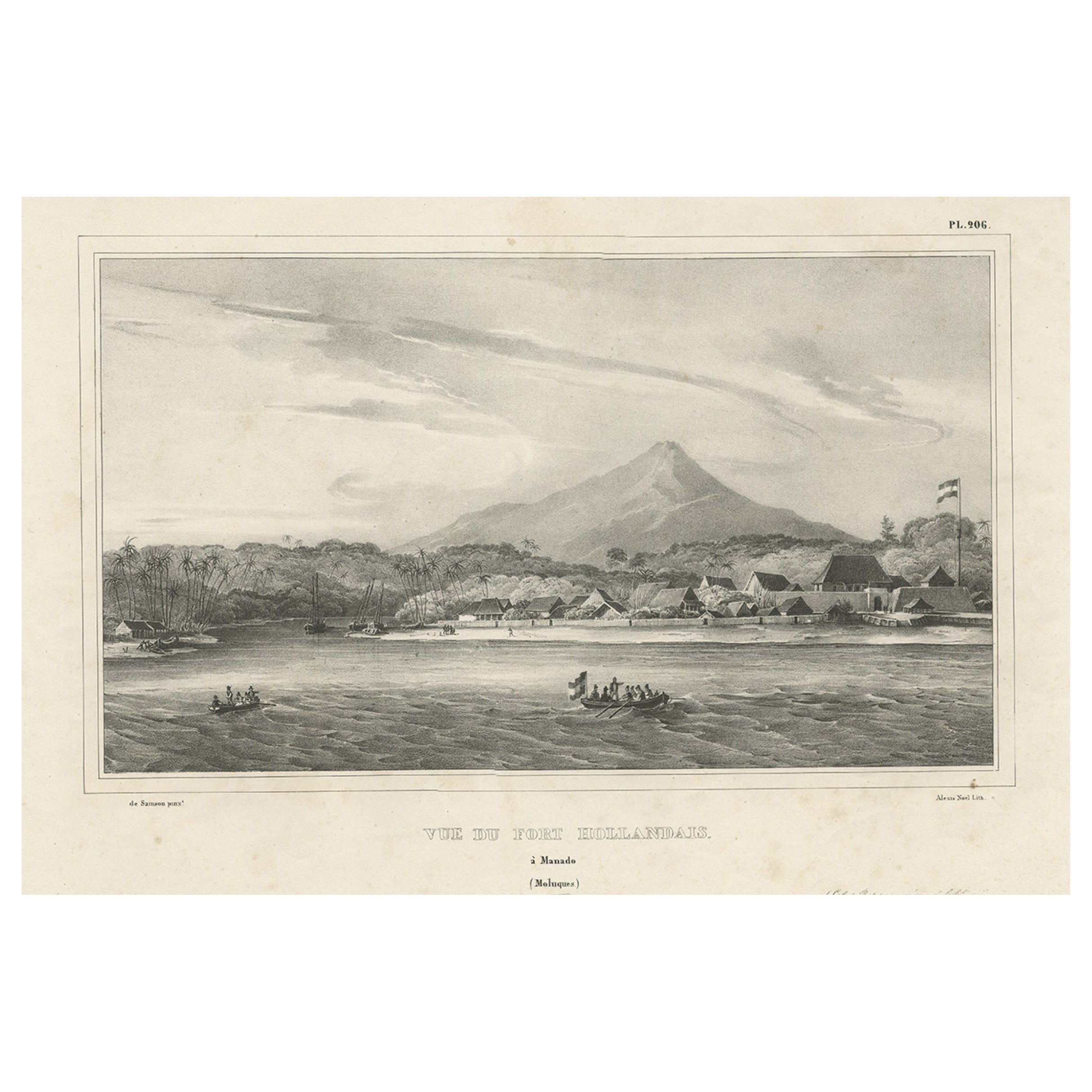 Antique Print of a Dutch Fortress in Manado Bay, Sulawesi, Indonesia, 1833 For Sale