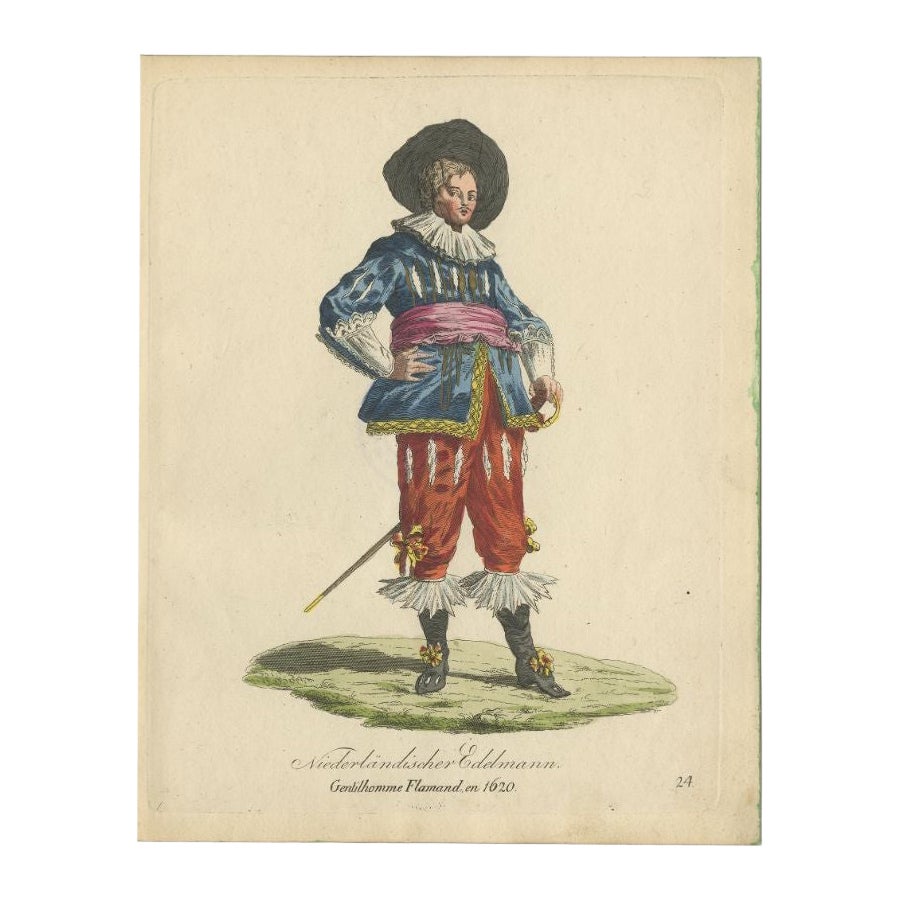 Rare Antique Hand-Colored Print of a Dutch Nobleman in 1620, Published in 1805 For Sale