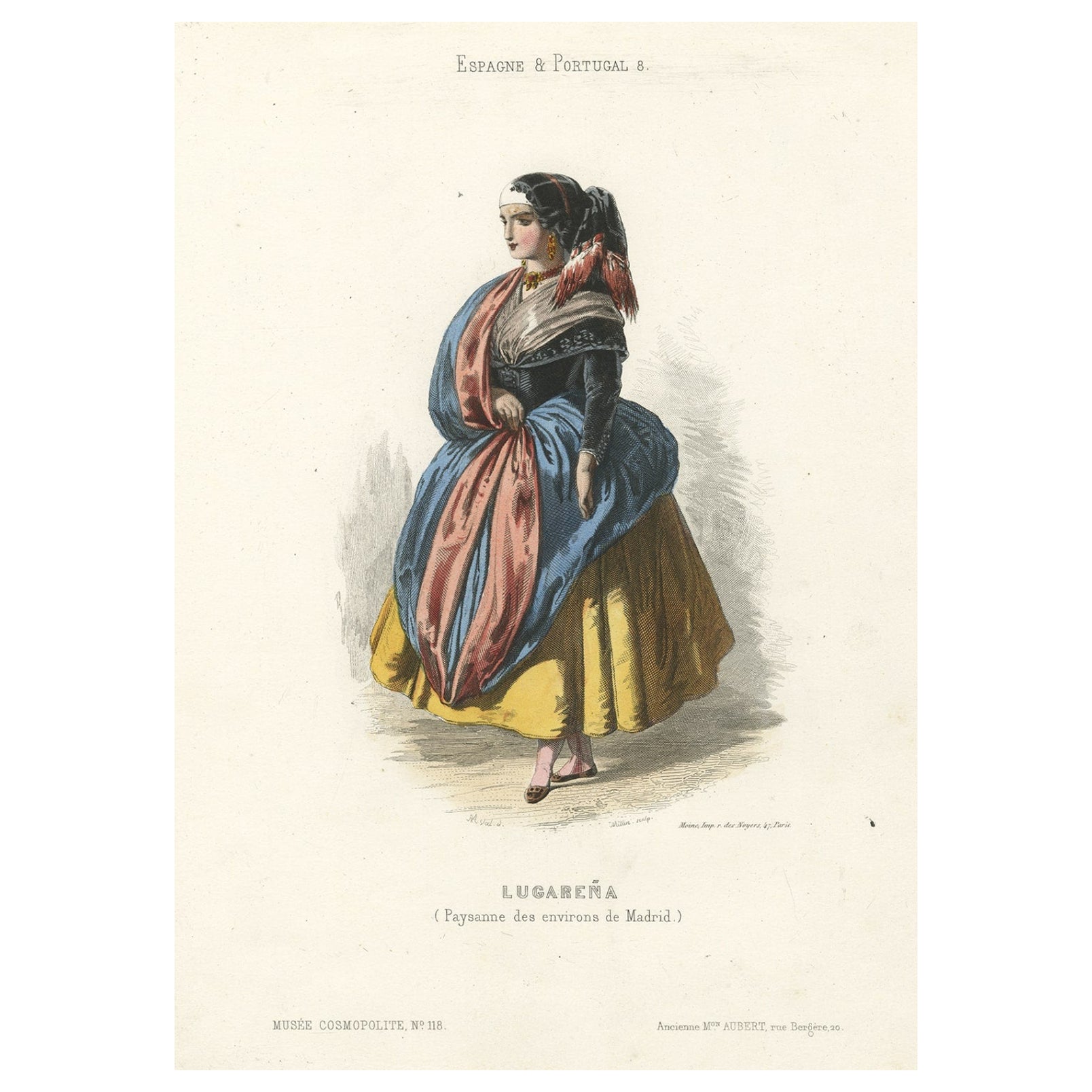Handcolored Print of a farmer's Wife from the Region of Madrid, Spain, 1850 For Sale