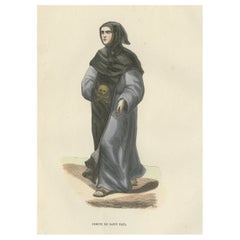 Antique Print of a Hermit of Saint Paul with a Skull on his Coat, 1845