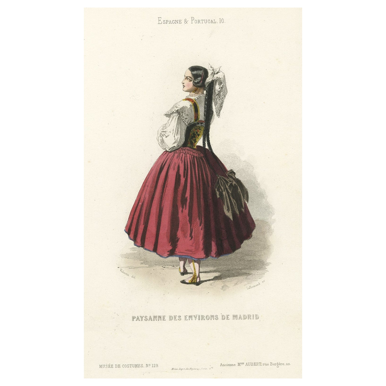 Old Handcolored Print of a Farmer's Wife from the Region of Madrid, Spain, 1850 For Sale