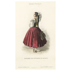 Old Handcolored Print of a Farmer's Wife from the Region of Madrid, Spain, 1850