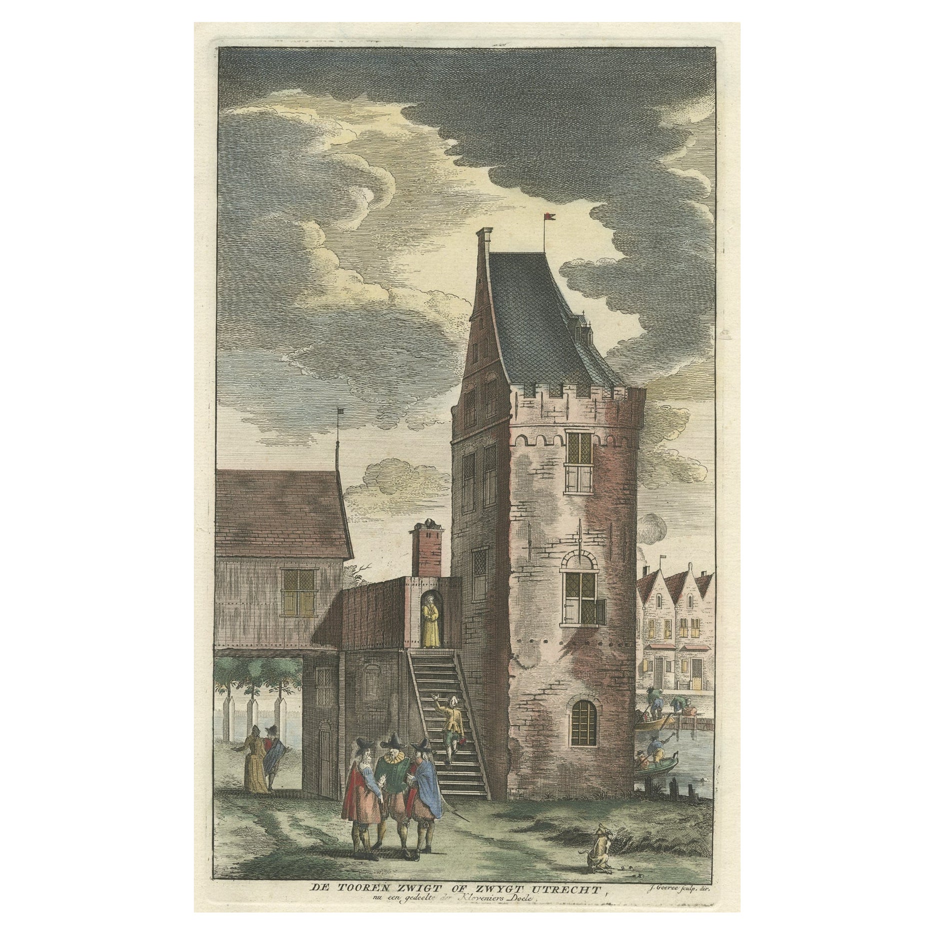 Antique Print of a Tower Zwigt Utrecht in Amsterdam by Goeree, 1765 For Sale
