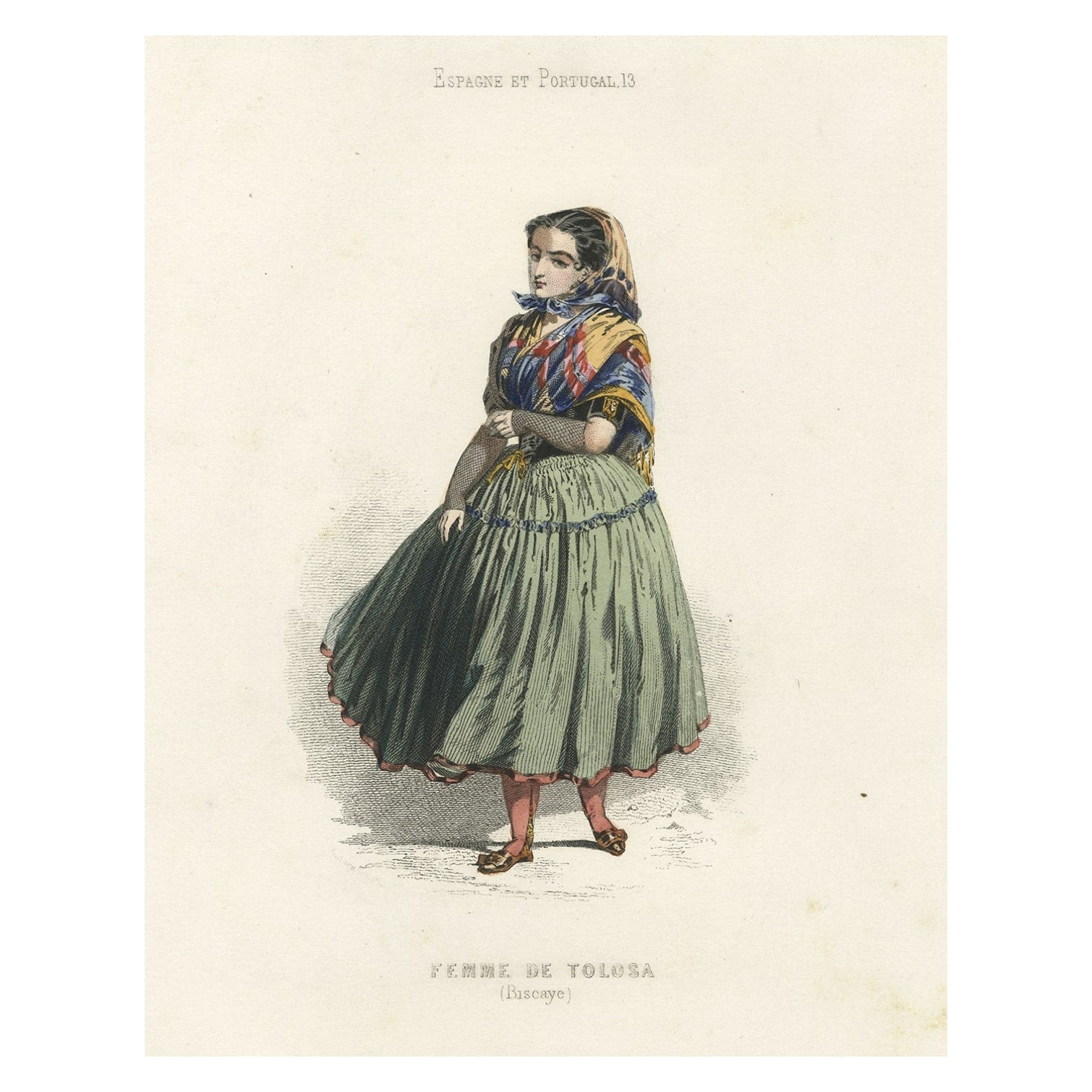 Antique Handcolored Print of a Female from Tolosa, Gipuzkoa, Basque, Spain, 1850