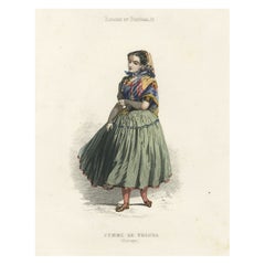 Antique Handcolored Print of a Female from Tolosa, Gipuzkoa, Basque, Spain, 1850