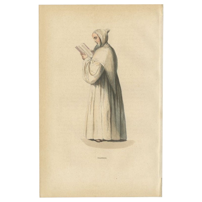 Antique Print of a Trappist Monk Reading a Bible by Tiron, 1845