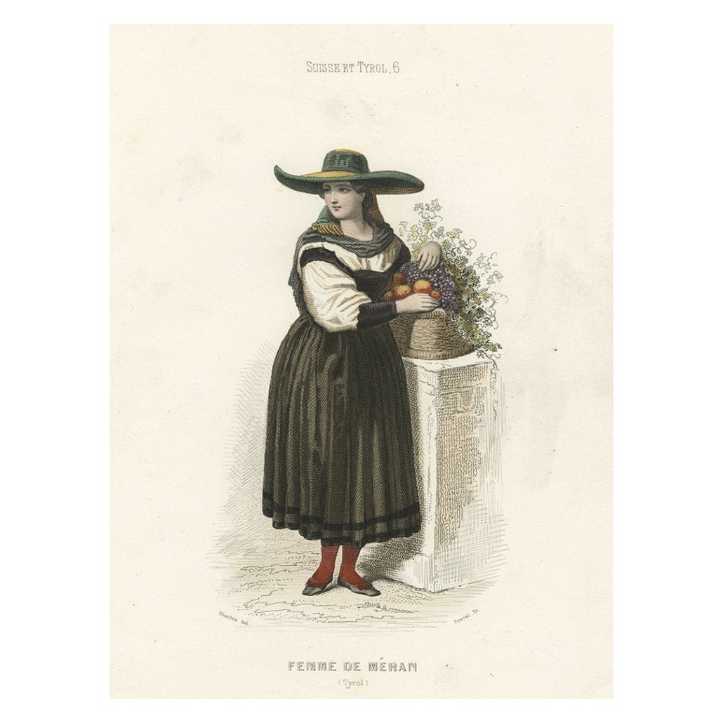 Schöner handkolorierter Druck einer Meran-Frau aus Italien, 1850