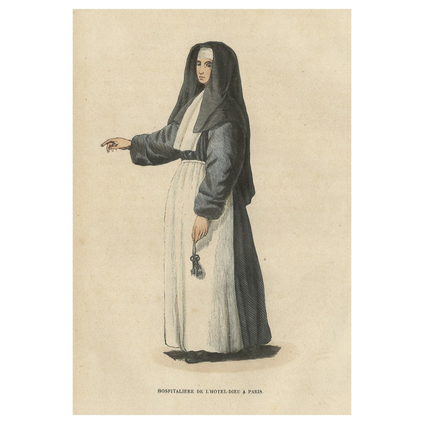 Antique Print of a Hospitaller Nun of the Hotel-Dieu a Paris, 1845