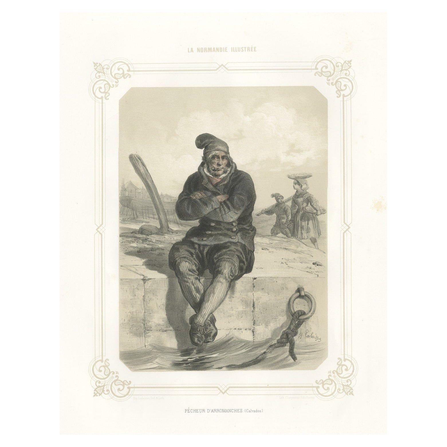 Antique Print of a Fisherman from Arromanches in Normandy, France, 1852 For Sale