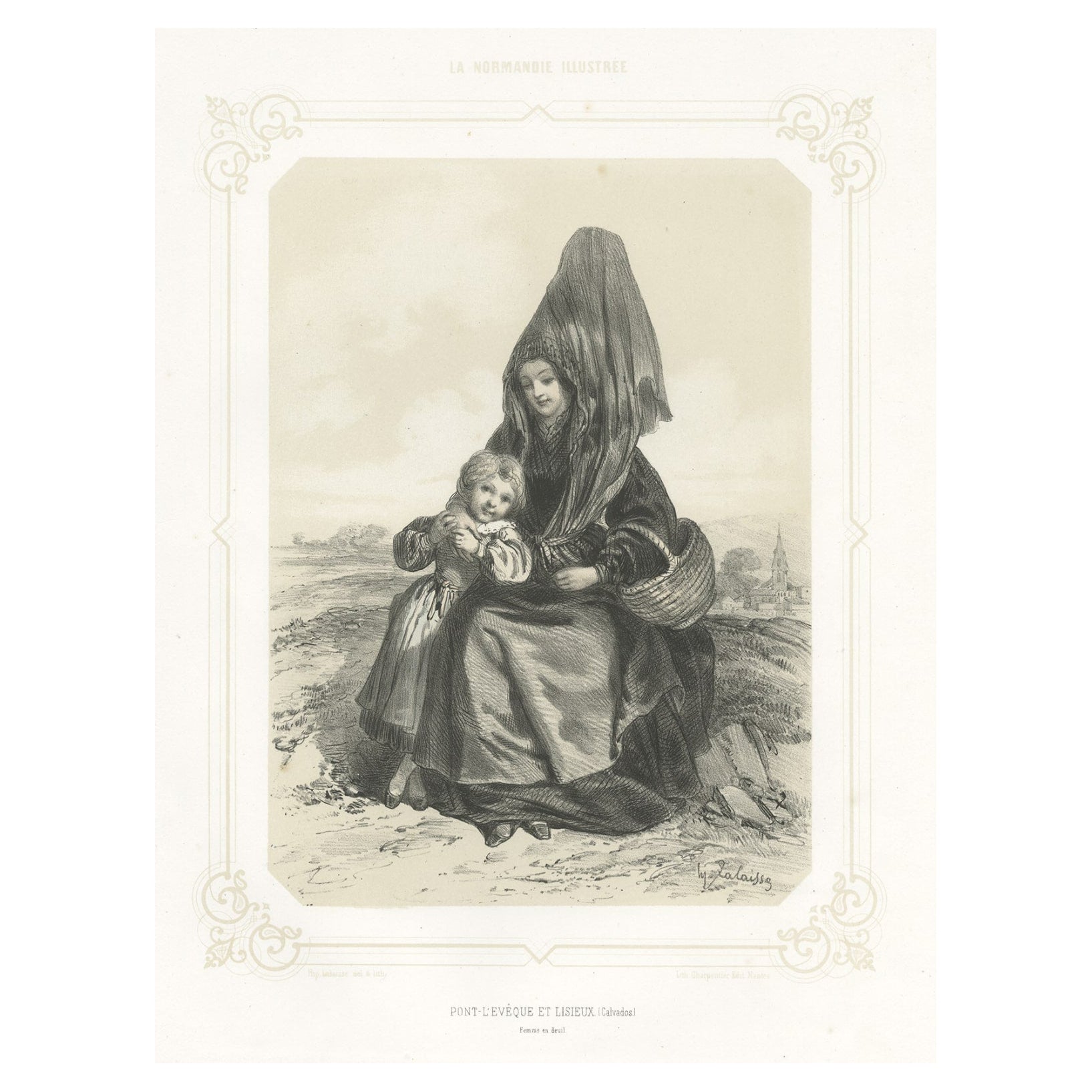 Impression ancienne de femme de deuil provenant de la région de Lisieux en France, 1852 en vente