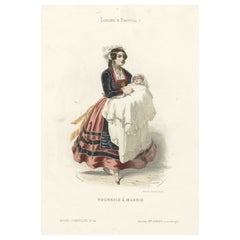 Hand-Colored Antique Print of a Nanny with Child from Madrid, Spain, 1850