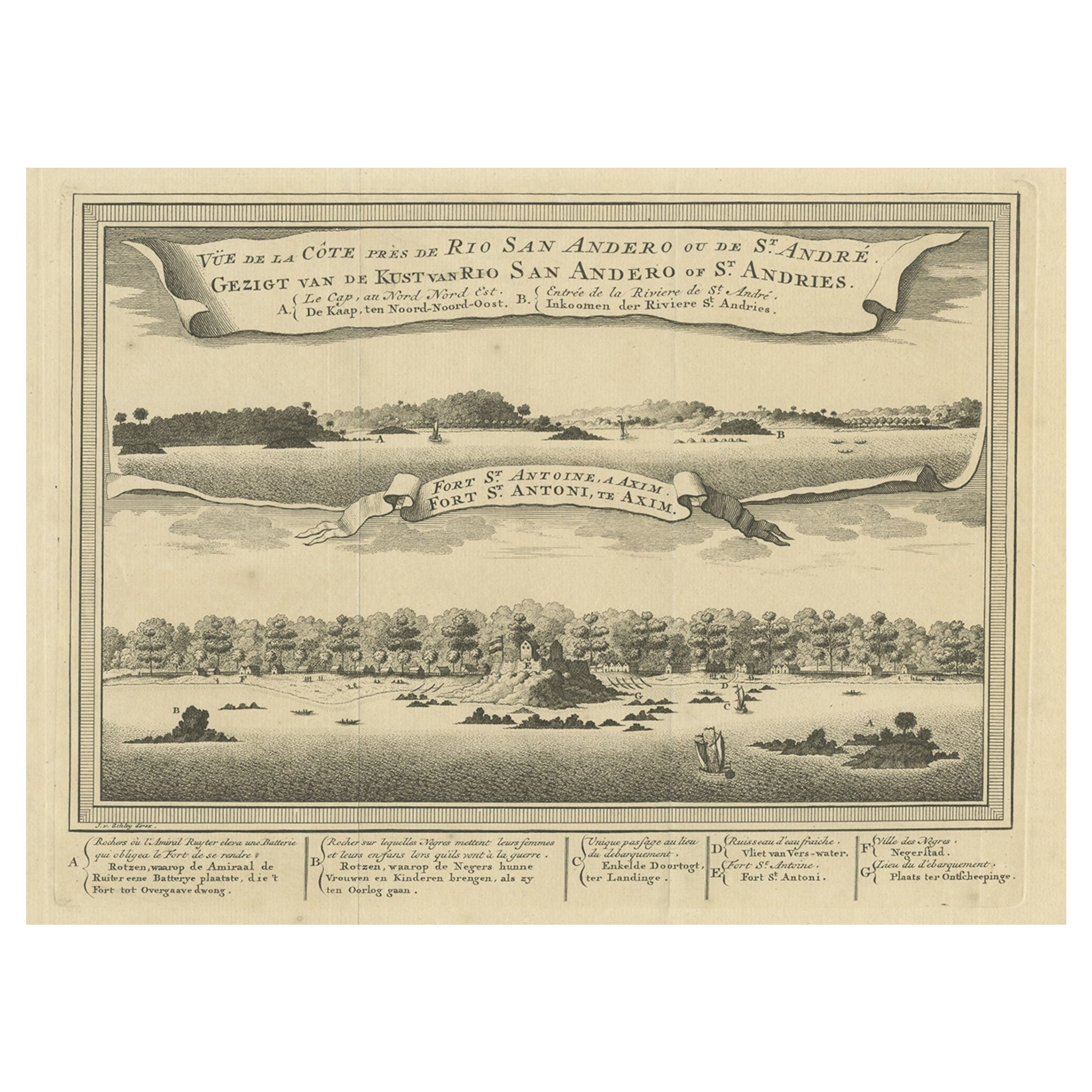 Antique Print of a Fort on the Ivory Coast and Axim, Africa, 1748 For Sale