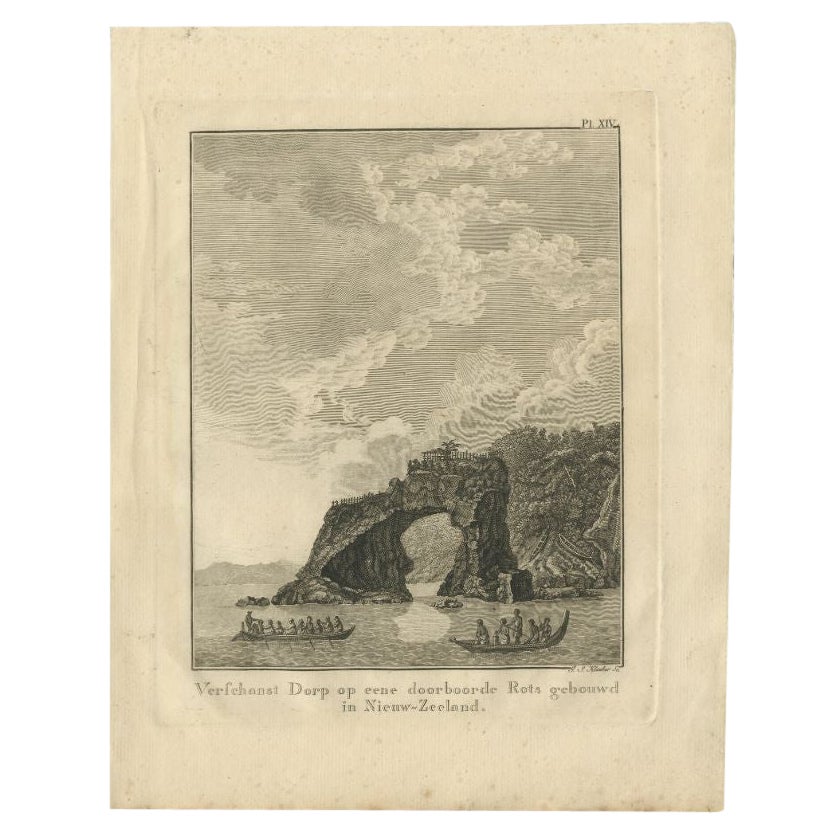 Antiker Druck eines neuseeländischen Dorfes, das auf einem Fels liegt, von Kapitän Cook, 1803 im Angebot