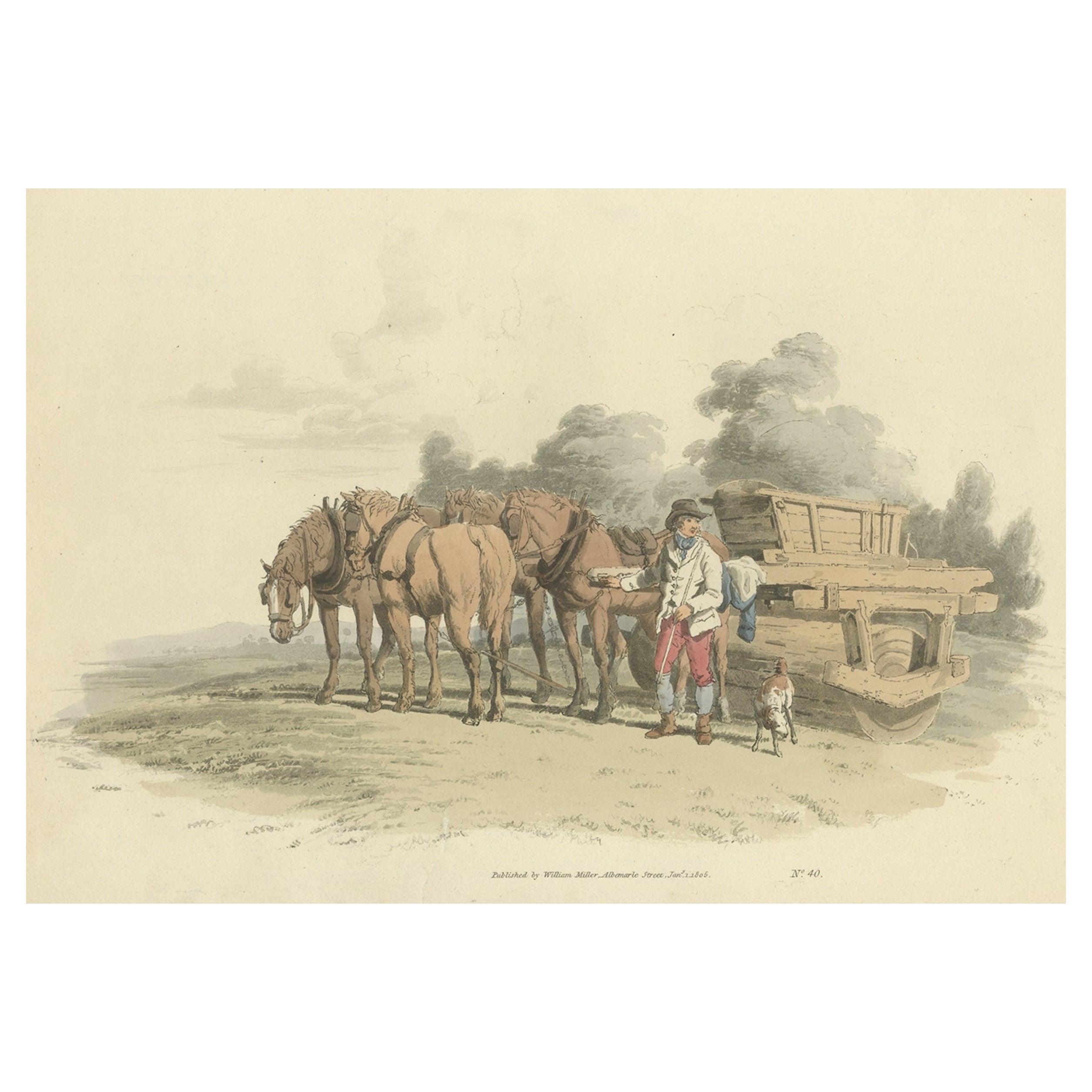 Impression ancienne d'un dessin de vache par quatre chevaux, 1805
