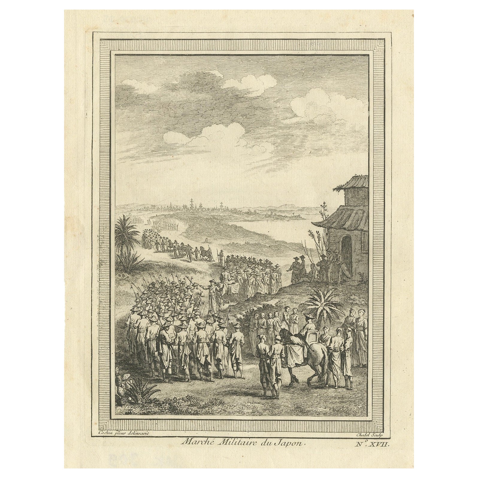Grabado antiguo de una procesión militar japonesa por Chedel, 1746