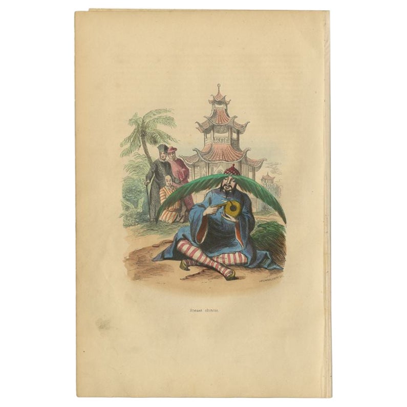 Antiker handkolorierter Druck eines chinesischen Mannes, 1843