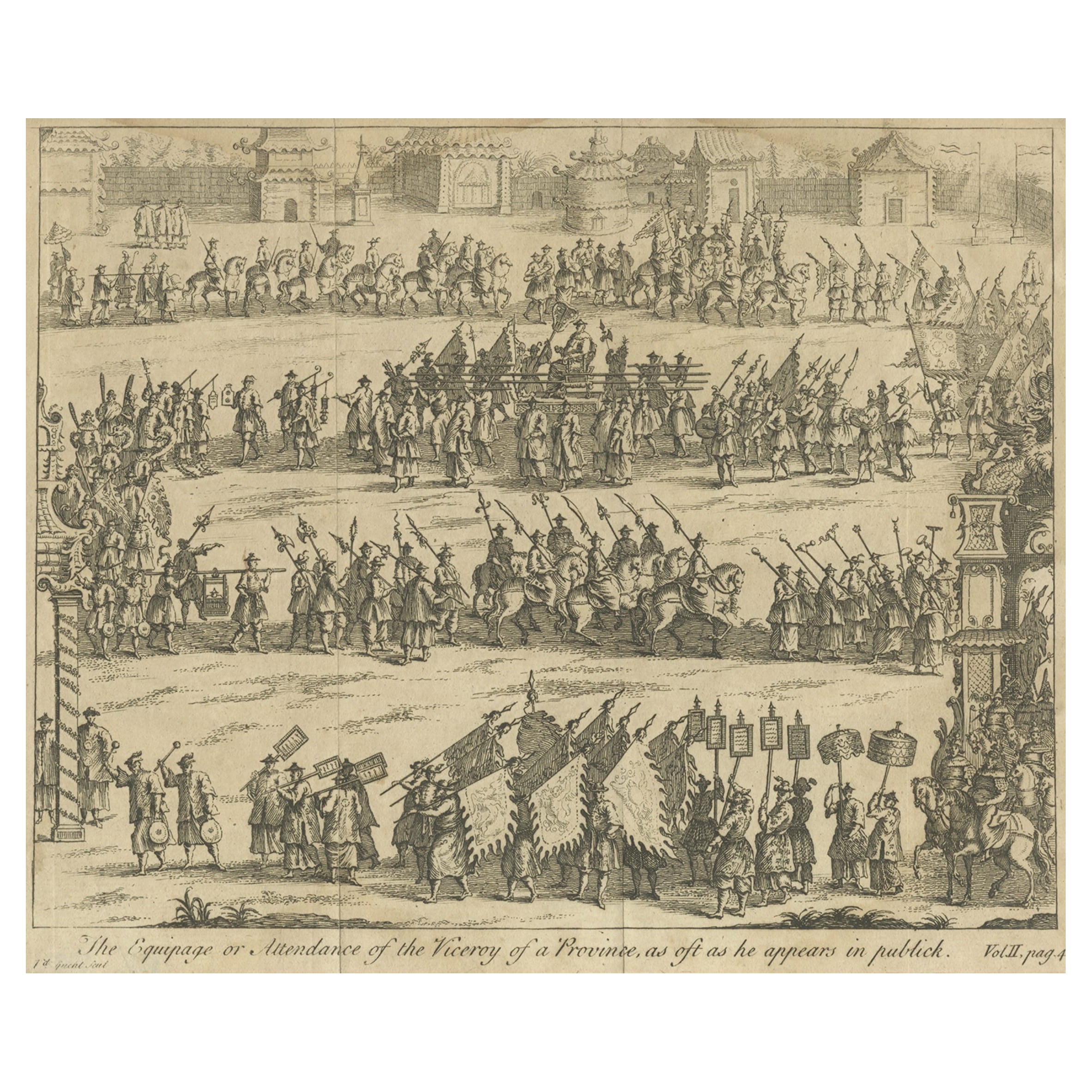 Antique Print of a Viceroy Procession in China, C.1740