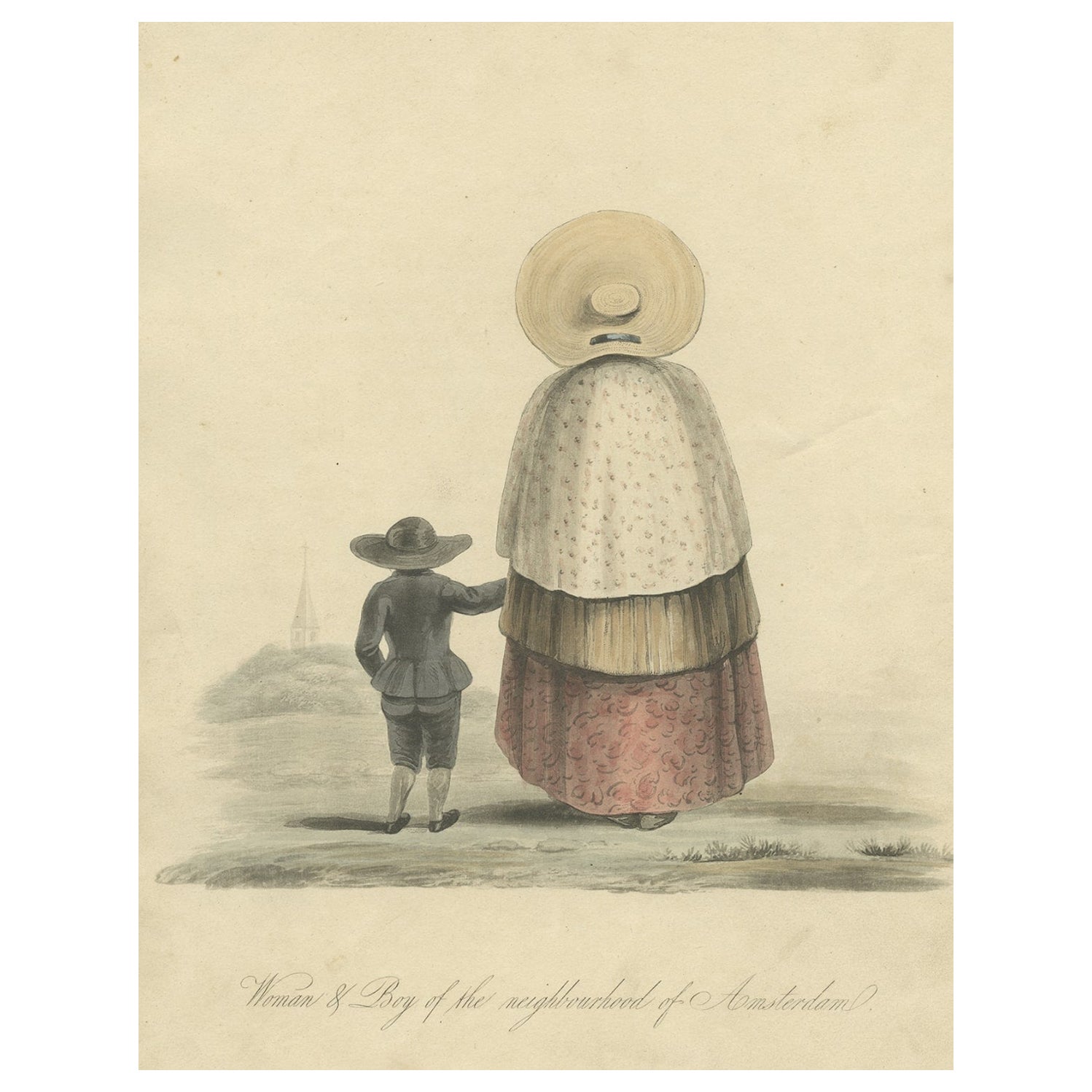 Antiker Druck einer Frau und eines Jungen aus Amsterdam in den Niederlanden, 1817