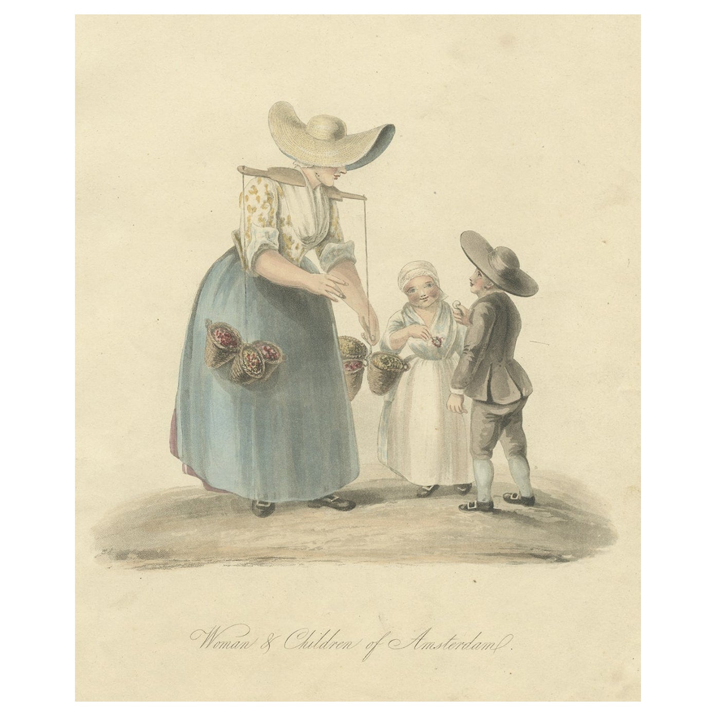 Ancienne gravure ancienne d'une femme et d'enfants d'Amsterdam, Hollande, 1817