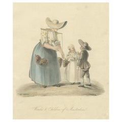 Ancienne gravure ancienne d'une femme et d'enfants d'Amsterdam, Hollande, 1817